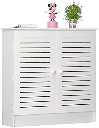 CoByda Moderner Heizkörper-Abdeckschrank mit horizontalem Lamellen-Design – wasserdicht und leicht zu reinigen – weiße PVC-Holz-Kunststoff-Platte – Maße: