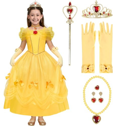 Spooktacular Creations 7 PCS Vestido de Princesa Amarillo para Niñas, Vestido sin Hombros con Dobladillo de Varias Capas para Cumpleaños de Niños Pequeños, Fiesta de Halloween