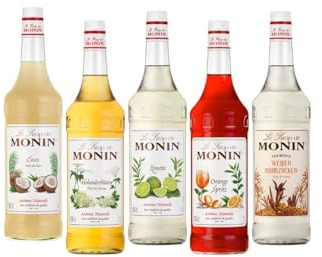 Monin Probierpaket Bar Cocktail 5 x 1 l Sirup Set für Cocktails Kuchen Smoothies mit Holunderblüte - Kokosnuss - Limette - Orange und Rohrzucker