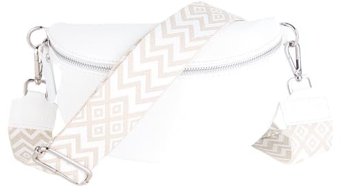 MIRROSI® Bauchtasche Damen, Echtleder, Made in Italy, Umhängetasche, Brusttasche, Crossbody Bag (1 Tasche & 2 Gurte) (Weiß (BOH Weiß Taupe), Große Tasche (28x18x9cm))