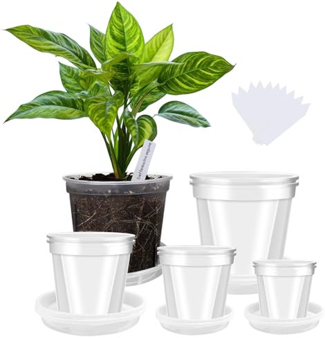 YALIOURS Vasi Trasparenti per Piante da Vivaio, 10/12/15/18cm Plastica Trasparente con Fori di Drenaggio 8 Confezione Vasi da Giardino Con Vassoio Etichette per Piante da 10 Pezzi