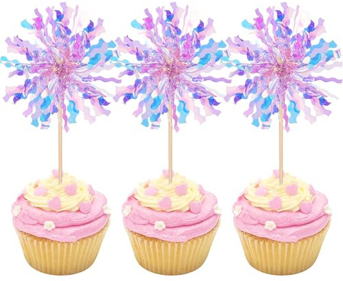 Xsstarmi 30 Pack Firework Happy Birthday Cupcake Toppers Sparkle Tinsel Drink Stirrers Flowers Cake Decorations Cocktail Toothpick for New Years Valentine's Day Party Decorations Purple