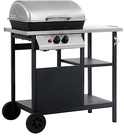 Home & Garden item-Barbacoa de gas con mesa auxiliar de 3 capas, color negro y plateado