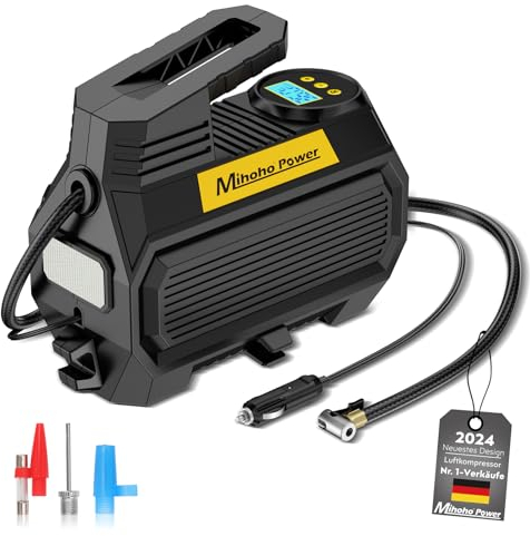Mihoho Elektrische Luftpumpe, Kompressor Tragbar Reifenpumpe mit digitaler LED-Anzeige und Druckprüfung für Autos, Fahrräder, Motorräder (schwarz)