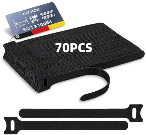 KACNON 70 Stück Klettband Kabelbinder Schwarz, 150x12 mm Wiederverwendbare, Verstellbare Kabelbänder für Haus, Büro und Garten