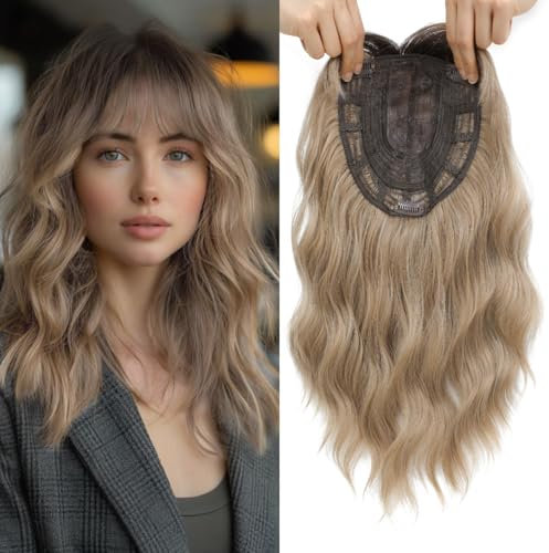 Nexyshe Haarteil mit Pony, gewellt, 35,6 cm, für dünner werdendes Haar, 16,5 x 16,5 cm, große Basis, Haarteile für Frauen, Clip-in-Hairextensions