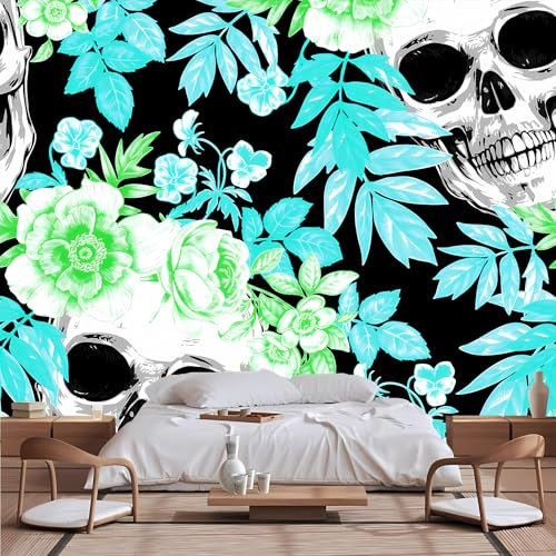 Lcythiazole Papier peint tête de mort fond noir crâne blanc feuilles bleues fleurs vertes convient pour salon, chambre à coucher, restaurant, taille personnalisable, décoller et coller