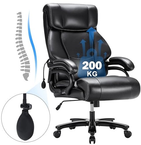 Howjoe Bürostuhl 200KG Belastbarkeit, Hochlehner-Bürostuhl mit Lendenwirbelstütze, Chefsessel Bürostuhl Ergonomisch mit Liegefunktion, Schreibtischstuhl Schwarz mit Rollen, Gaming Bürostuhl Leder