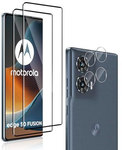 QULLOO Cristal Templado para Motorola Moto Edge 50 Fusion, 2 Piezas Protector de Pantalla & 2 Piezas Protector de Lente de cámara, Antiarañazos, Antihuellas, Dureza 9H, 0.33 mm Ultra Transparente