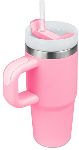 14 oz Tumbler with Handle and Straw, Kid Tumbler with Lid and Straw, 304 Stainless Steel Child Tumbler, School Sports Outdoor (Pink)
