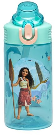 Zak Designs Disney Moana Sage - Botella de agua para niños para la escuela o viajes, botella de agua de plástico duradera de 16 onzas con popote, asa y a prueba de fugas, cubierta de boquilla