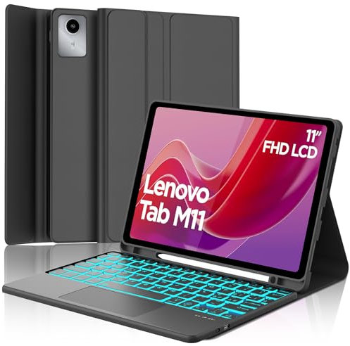 SENGBIRCH Custodia Tastiera Lenovo Tab M11 11, Cover con Tastiera con Trackpad per Lenovo Tab M11 2024, 7 Colori di Retroilluminazione Italiano QWERTY Rimovibile Bluetooth Tastiera, Nero