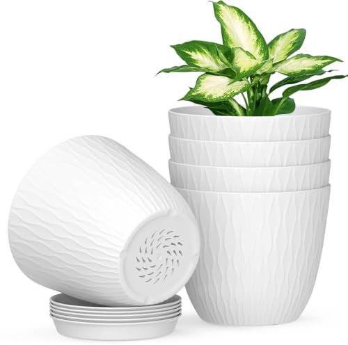Plastic Plant Pots Indoor, 5 Pack 15cm Stripe Grooves Flower Pots with Drainage Holes and Tray, Modern Decorative Planter Pot for All House Plants(White)