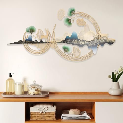 Wanddeko Metall Ginkgo Blatt Hirsch 3D Bilder Wandskulpturen, Metallbilder Wanddeko Gold Wandbild, Groß Wanddekoration für Wohnzimmer, Schlafzimmer, Esszimmer, Home, Office, Hotel (110*52cm)
