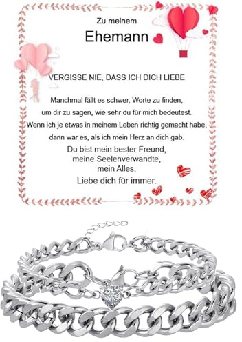 Fehki Edelstahl Paar Armband | Kubanische Kette verstellbar | Romantisches Geschenkset für Paare zum Valentinstag, Jahrestag & Geburtstag