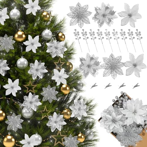 Hawesome 30Pcs 3 Styles Christmas Poinsettia Flowers Decoration Indoor，Artificial Glitter flowers Christmas Tree Decorations Set with Artificial Leaves and Berry Stems for Outdoor decor (Silver)