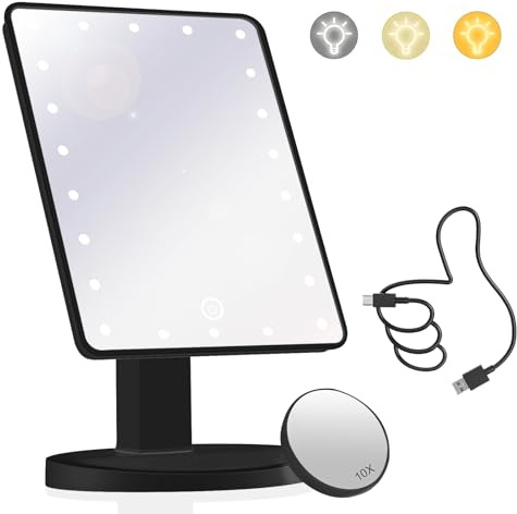 Makeup Vanity Mirror with Lights and 22 LED Lighted Makeup Mirror, Detachable 10X Magnification, Adjustable Dimming Touch Sensor, Dual Power Supply, 270° Rotation, Portable Cosmetic Mirror - Black