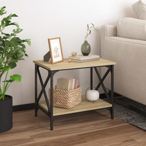 HaoChrymec Beistelltisch Sonoma-Eiche mit Holzwerkstoff und Stahl, Modernes Design, Verstellbare Beine, Stauraum für Wohnzimmer, Balkon oder Sofa, 55 x 38 x 45 cm