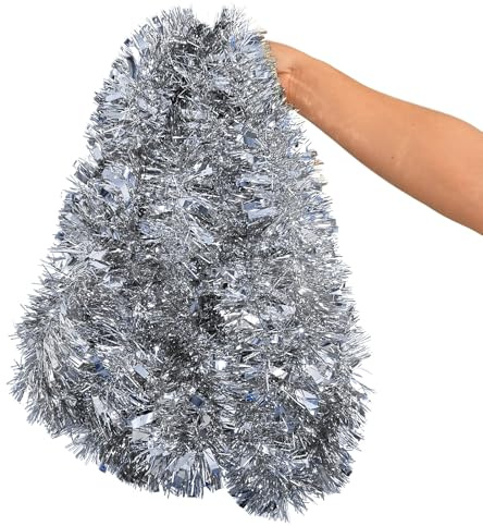 HongFuFu 10M Silberne Weihnachts-Lametta-Girlande, 9cm Dicke PET Metallic-Folie Girlande für Weihnachtsbaum, Kamin, Party & Feiertagsdekoration