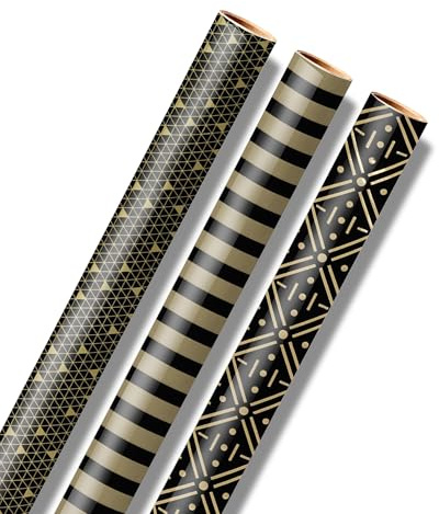 Neloheac Schwarzes und Gold Geschenkpapier, 3 Rollen, 43 cm x 3 m pro Rolle, Entwickelt für Frauen und Männer, Weihnachten, Geburtstag, Hochzeit, Jahrestag, Valentinstag