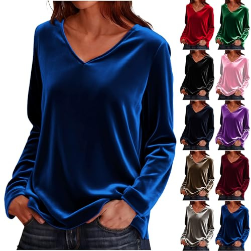 Velvet Tops for Women UK Elegant - Ladies Velvet Blouses Long Sleeve V-Neck T-Shirt Vintage Plain Velour Tunic Top Casual Baggy Party Work Office Clothes Spring Outfits Tee Shirts