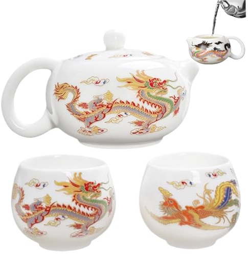 Keramik-Teekanne mit 2 Tassen, Drache und Phönix, farbwechselnde chinesische Teekanne mit Griff und Teesieb, 230 ml, breite Öffnung, traditionelle Kung-Fu-.