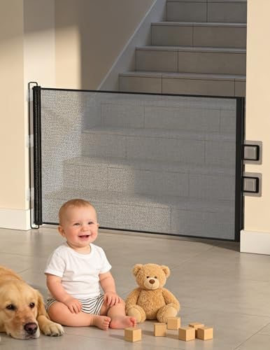Barandilla de Seguridad Retráctil 0-150cm Puerta Retráctil Seguridad Adhesivos, Barandilla de Seguridad Barandilla de Seguridad para Niños Gatos y Perros, Sin Agujeros, para Escaleras Puertas Pasillos