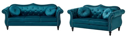 Beliani Sofa Set 5-Sitzer Blaugrün Samtstoff Samt Gepolstert Gesteppt | Stoff, Blau, Für 5 Personen, Abgerundet, Schaumstoff-Füllung, Wellenfederung, Sitzhöhe 46 cm, 204 x 79 x 86 cm