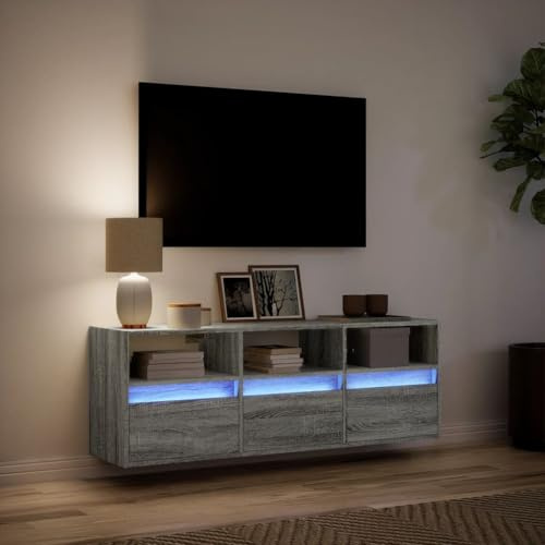 ZXLIHS 130cm Floating TV Unit Stand with LED Lights, Wide Wall TV Cabinet with 3 Drawers & Open Shelves, Wall Mounted Cabinet for Living Room - Grey+Oak