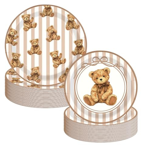 Greencian 50Pcs Teddy Bear Paper Plates Brown Stripe Bow Bear Party Plates for Boys Girls Birthday Baby Shower Gender Reveal Party Supplies