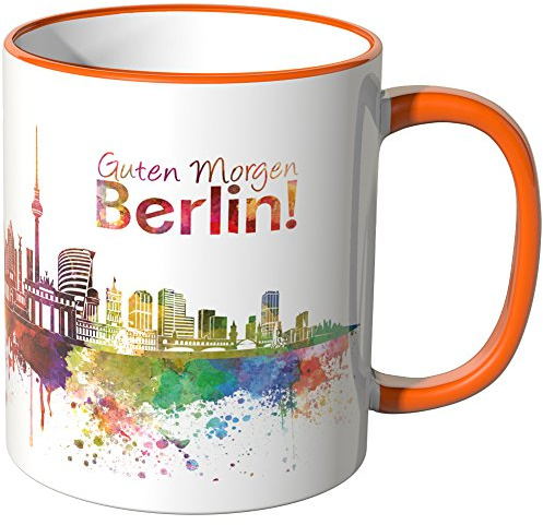 WANDKINGS® Tasse, Schriftzug Guten Morgen Berlin! mit Skyline - ORANGE