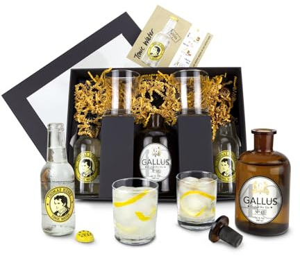 Römer Präsente Gin-Tonic-Geschenkset: 8-teilig; 1 originelle Apothekerflasche gefüllt mit Gin Gallus 43 (0,5 L) + 1 Glaskorken + 2 Thomas Henry Tonic Water + 2 Gläser + 1 Rezept-Flyer + Geschenkbox