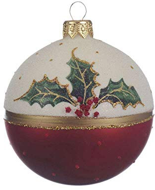6 Christbaumkugeln 8cm Glas weiß / gold / rot Beeren Stechpalme Weihnachtskugeln Motive 80mm