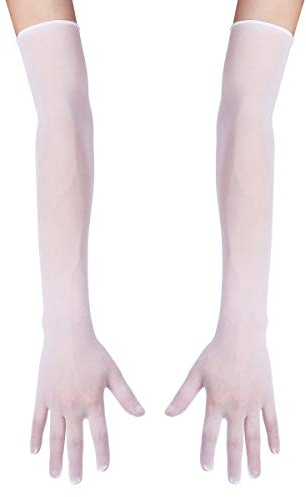 FEESHOW Damen/Herren Nahtlose Handschuhe Stulpenärmel Elastisch Strumpfhosen Nylon Durchsichtig Ellenbogen Lang für Hochzeit Abend Weiß Einheitsgröße