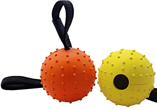 Vivifying Dog Ball on a Rope, 2 Pack Natural Interactive Rubber Dog Ball for Fetch, Catch, Throw and Tug of War (Orange + Yellow)