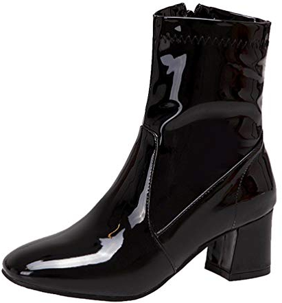 PIXIEFOOT Damen Lackstiefel High Heels Stiefeletten Lack Ankle Boots mit Blockabsatz und Reißverschluss 6cm Absatz Chunky Heels Schuhe