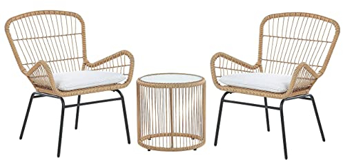 Beliani Gemütliches Balkonset Rattan/Stahl 2 Stühle 1 Tisch hellgraue Auflagen Labico