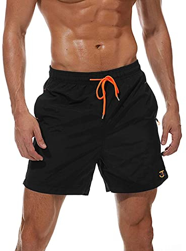 JustSun Badeshorts Herren Badehose Männer Schwimmhose Schnelltrocknend Boardshorts Strandshorts Beachshorts mit Reissverschlusstasche Schwarz M
