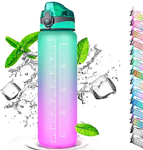 Auckpure Sport-Trinkflasche, 1 Liter, Wasserflasche mit Strohhalm, mit Marker, Öffnen mit einem Klick, geeignet für Fitnessstudio, Yoga, Camping, Radfahren und das Familienleben (Violett Grün)