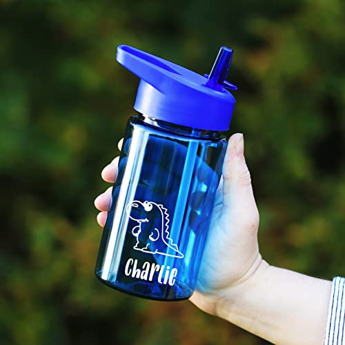 eBuyGB Personalised Water Bottle with Flip Straw for School, Nursery - Reusable BPA Free 440ml Tritan Drinks Travel Bottle Cup for Children, Kids - Any Name (Blue)