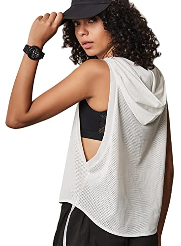 Damen Fitness Ärmellos Gittergewebe Kapuzenpullover Sport Running T-Shirts Trainieren Oberteile Weiß L