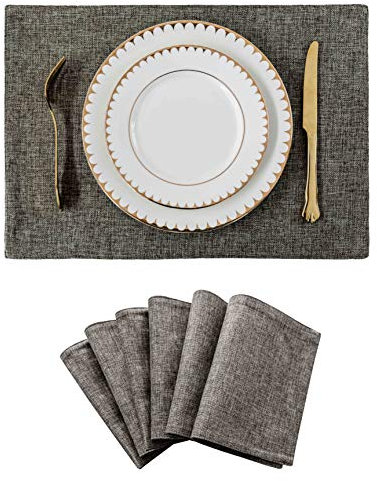 Home Brilliant Grey Table Mats 6 Pcs, Rectangle Large Placemats Non Slip Heat Insulation, Linen Place Mats for Kitchen Decor, 33 x 48 cm(13x19 Inch), Dark Grey