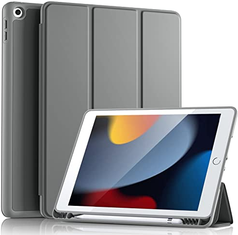 Vobafe Hülle Kompatibel mit iPad 9 8 7 Generation(10.2 Zoll, Model 2021/2020/2019,9./8./7.), Weiche TPU Rückseite Abdeckung Klappständer Schutzhülle mit Stifthalter, Auto Schlafen/Wachen, Grau