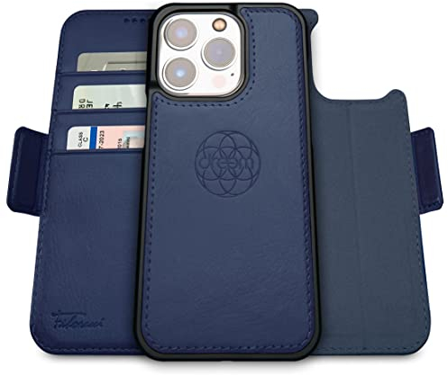 Dreem Fibonacci iPhone 14 Pro Geldbörsen-Hülle / 2-in-1 Stoßfestes MagSafe Case und abnehmbares Luxus-Vegan-Leder-Folio mit RFID-Kartenschutz und Ständer; für Frauen und Männer - Königsblau