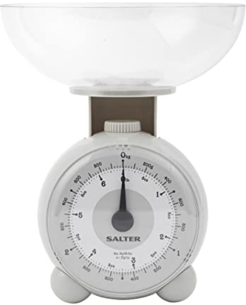 Salter 139 LGFEU16 Orb mechanische Küchenwaage - Backwaage mit 3 KG maximale Tragfähigkeit, 1-Liter-spülmaschinenfest Schüssel, Batteriefreie Lebensmittelwaage mit Leicht ablesbares Display, lichtgrau