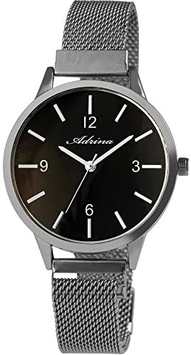 Adrina Damen-Uhr Meshband Edelstahl Magnetverschluß Quarz Analog 1300023 (silberfarbig schwarz)