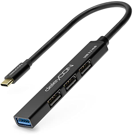 deleyCON USB C HUB 4 Port Verteiler - (1x USB3.0 / 3X USB2.0) Aluminium Gehäuse, 15cm, für PC, Laptop, Notebook, MacBook, iMac, iPad, iPhone, Galaxy, Smartphone, Tablet - Schwarz