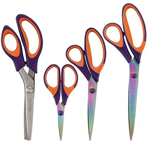 BambooMN Titanium Softgrip Scissors Set - Pinking, Sewing, Arts, Crafts, Office - 1 Set of 4 - Purple w/Orange