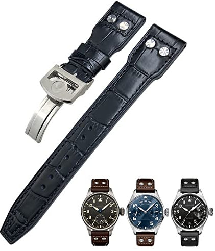 EPANO 20mm Nieten Echtes Leder Armband Fit Für IWC Big Pilot TOP GUN Uhr IW3777 Kalbsleder Armband, Black Buckle, Achat