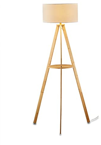 KHG Stehlampe mit einem Ablagefach, Moderne Stehleuchte aus Bambus im skandinavischem Stil, Ecklampe mit hochwertigem Stoffschirm, E27 Fassung ohne Leuchtmittel, Lampe für Wohnzimmer, Schlafzimmer
